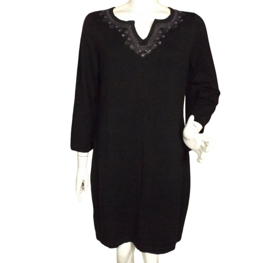 new TOMMY BAHAMA Knit Dress, M, Pickford, Black Embroidered/Beaded, 3/4 sleeve